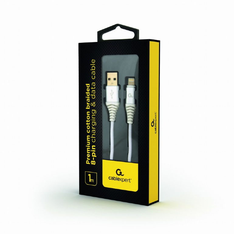 Cable USB2.0/8-pin (Lightning) Premium cotton braided - 1m - Cablexpert CC-USB2B-AMLM-1M-BW2, Silver/White, USB 2.0 A-plug to 8-pin, blister photo 2