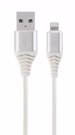 Cable USB2.0/8-pin (Lightning) Premium cotton braided - 1m - Cablexpert CC-USB2B-AMLM-1M-BW2, Silver/White, USB 2.0 A-plug to 8-pin, blister