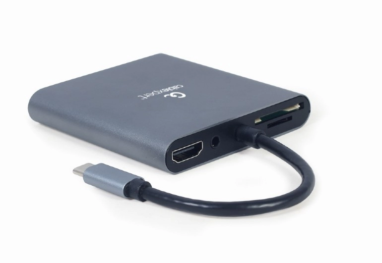 Адаптер 6-in-1 Gembird A-CM-COMBO6-01 / USB3 port, 4K HDMI and Full HD VGA video, stereo audio, card reader and USB Type-C PD charge support