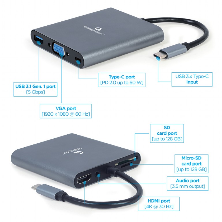 Многопортовый Адаптер Gembird A-CM-COMBO6-01/ USB-C/ USB-A 3.1/ 1xUSB-C/ HDMI/ VGA/ miniJack 3.5mm/ SD/ microSD photo 3
