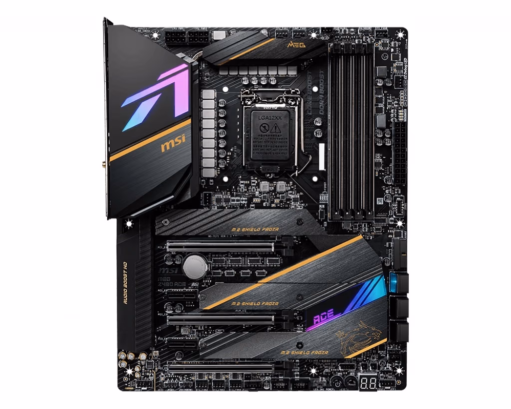 MSI MEG Z490 ACE, Socket 1200, 16+1, Intel® Z490 (10thGenCPU), Dual 4xDDR4-5000, CPU Intel iGPU, DP, HDMI, 3xPCIe X16, 6xSATA3, RAID, 3xM.2, 2xPCIe X1, ALC1200, SPDIF, 2x2.5GbE LAN, WiFi6 AX/BT, 5xUSB3.2 Gen2 (Type-C&Type-A), 4xUSB3.2, Mystic RGB, ATX 