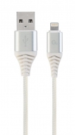 Cable USB2.0/8-pin (Lightning) Premium cotton braided - 2m - Cablexpert CC-USB2B-AMLM-2M-BW2, Silver/White, USB 2.0 A-plug to 8-pin, blister thumbnav 1