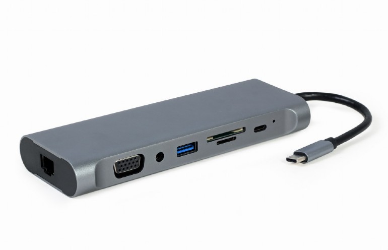 Адаптер 8-in-1 Cablexpert A-CM-COMBO8-01 / USB Type-C 8-in-1 multi-port adapter (Hub3.0 + HDMI + DisplayPort + VGA + PD + card reader + Gigabit LAN port + stereo audio) photo 2