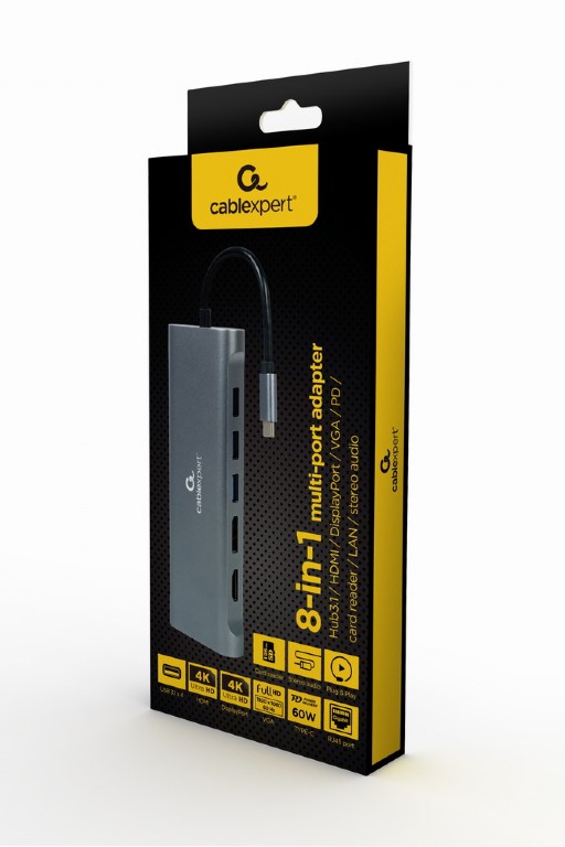 Адаптер 8-in-1 Cablexpert A-CM-COMBO8-01 / USB Type-C 8-in-1 multi-port adapter (Hub3.0 + HDMI + DisplayPort + VGA + PD + card reader + Gigabit LAN port + stereo audio) photo 5