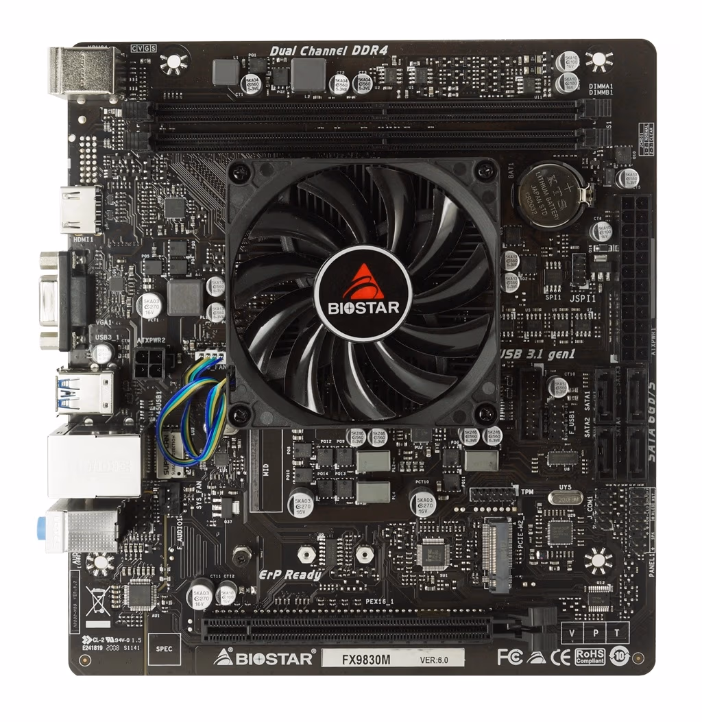 Biostar FX9830M, MB + CPU onboard: Quad-core AMD FX-9830P (3.0-3.7GHz), 2xDDR4-2400, AMD Radeon R7 Graphics, VGA, HDMI, 1x PCI-Ex16, 4x SATA3, 1x M.2, 1xCOM & TPM headers, ALC887 8-Ch HDA, GbE LAN, 4xUSB 3.2 Gen1, 4xUSB2.0, mATX 