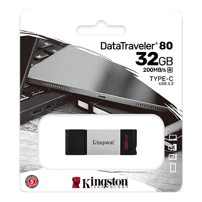 32GB USB-С3.2 Kingston DataTraveler 80, Black/Silver, USB-C, Cap design, Stylish and slim metal & plastic casing fits, Keyring Loop (Read 200 MByte/s) photo 4