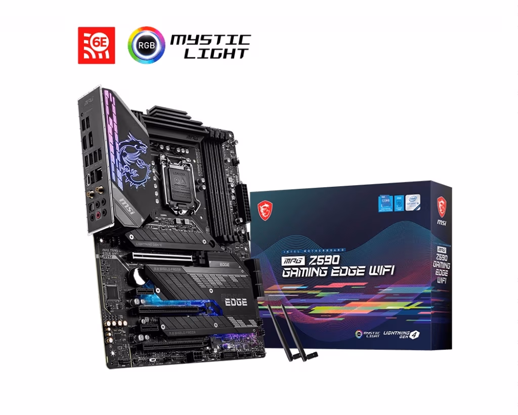 MSI MPG Z590 GAMING EDGE WIFI, Socket 1200, Intel® Z590 (11/10th Gen CPU), 16Phases, Dual 4xDDR4-5333, CPU Intel iGPU, HDMI, DP, 3xPCIeX16 4.0, 6xSATA3, RAID, 3xM.2 4.0, 2xPCIeX1, ALC4080, SPDIF, 2.5GbE LAN, WiFi6/BT, 5xUSB3.2 Gen2 (Type-A+C), 4xUSB3.2, M 