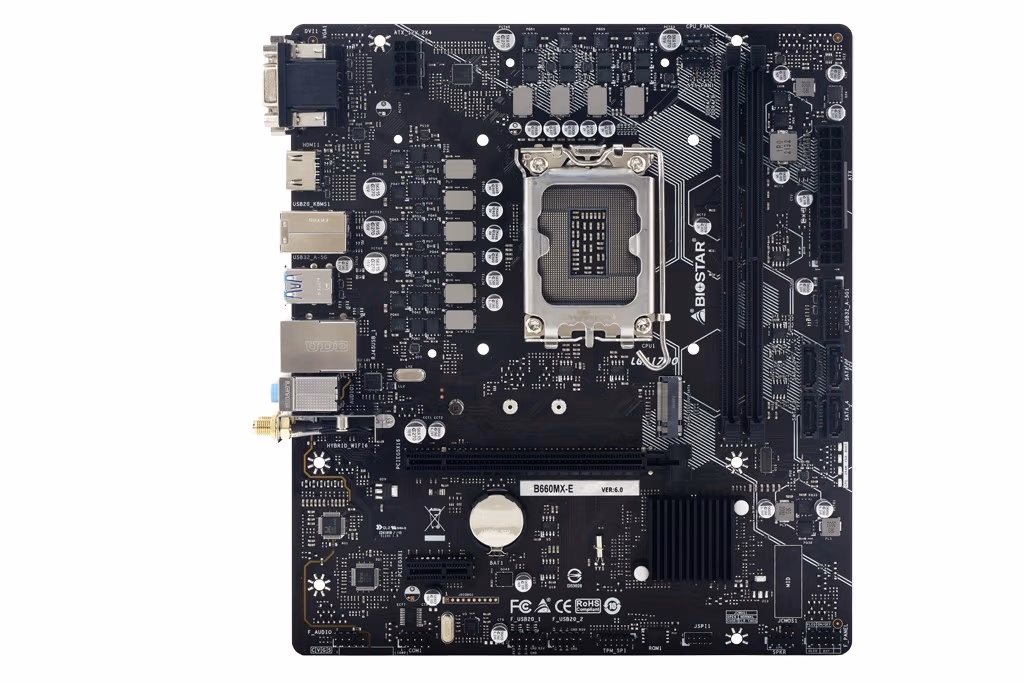 BIOSTAR B660MX-E, Socket 1700, Intel® B660 (12th Gen CPU), CPU graphics, VGA, DVI, HDMI, Dual 2xDDR4-4000, 1xPCIe X16 4.0, 4xSATA3, 1xM.2 4.0, 1xM.2 E-key for Wi-Fi, 1xPCIe X1, ALC897 HDA, 1xGbE LAN, 4xUSB3.2, mATX