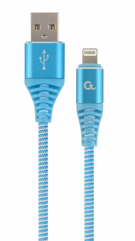Cable USB2.0/8-pin (Lightning) Premium cotton braided - 2m - Cablexpert CC-USB2B-AMLM-2M-VW, Blue/White, USB 2.0 A-plug to 8-pin, blister