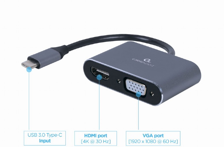Adaptor Gembird A-USB3C-HDMIVGA-01 / USB Type-C to HDMI + VGA display adapter, space grey photo 2