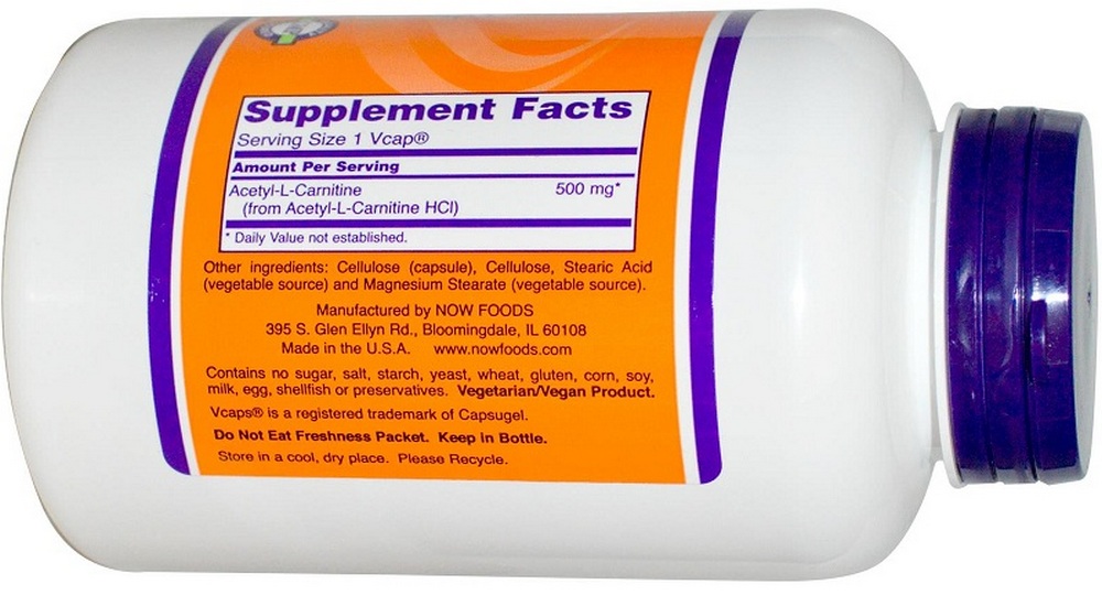Ацетил-Л-Карнитин Now Sports ACETYL L-CARN 500mg 100 VCAPS photo 3