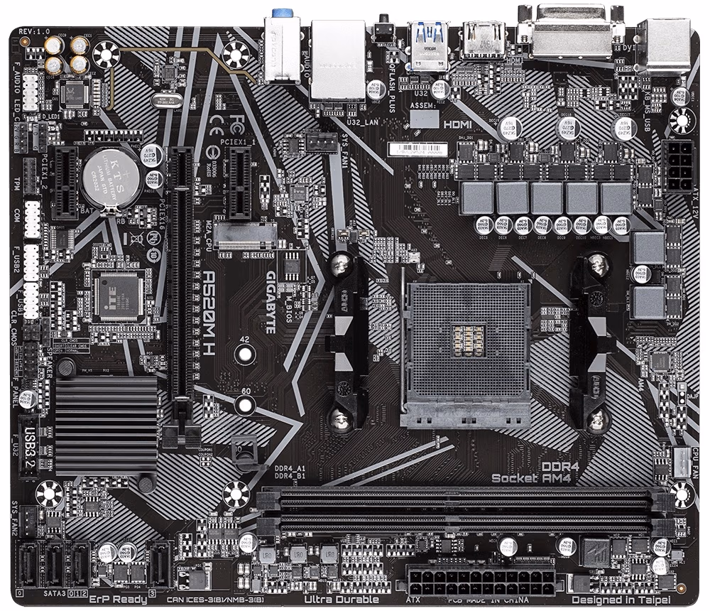 GIGABYTE GA-A520M H, Socket AM4, AMD A520, Dual 2xDDR4-5100, APU AMD graphics, DVI, HDMI, 1xPCIe X16, 4xSATA3, RAID, 1xM.2, 2xPCIe X1, ALC887 HDA, GbE LAN, 6xUSB3.2, RGB Fusion 2.0, mATX 