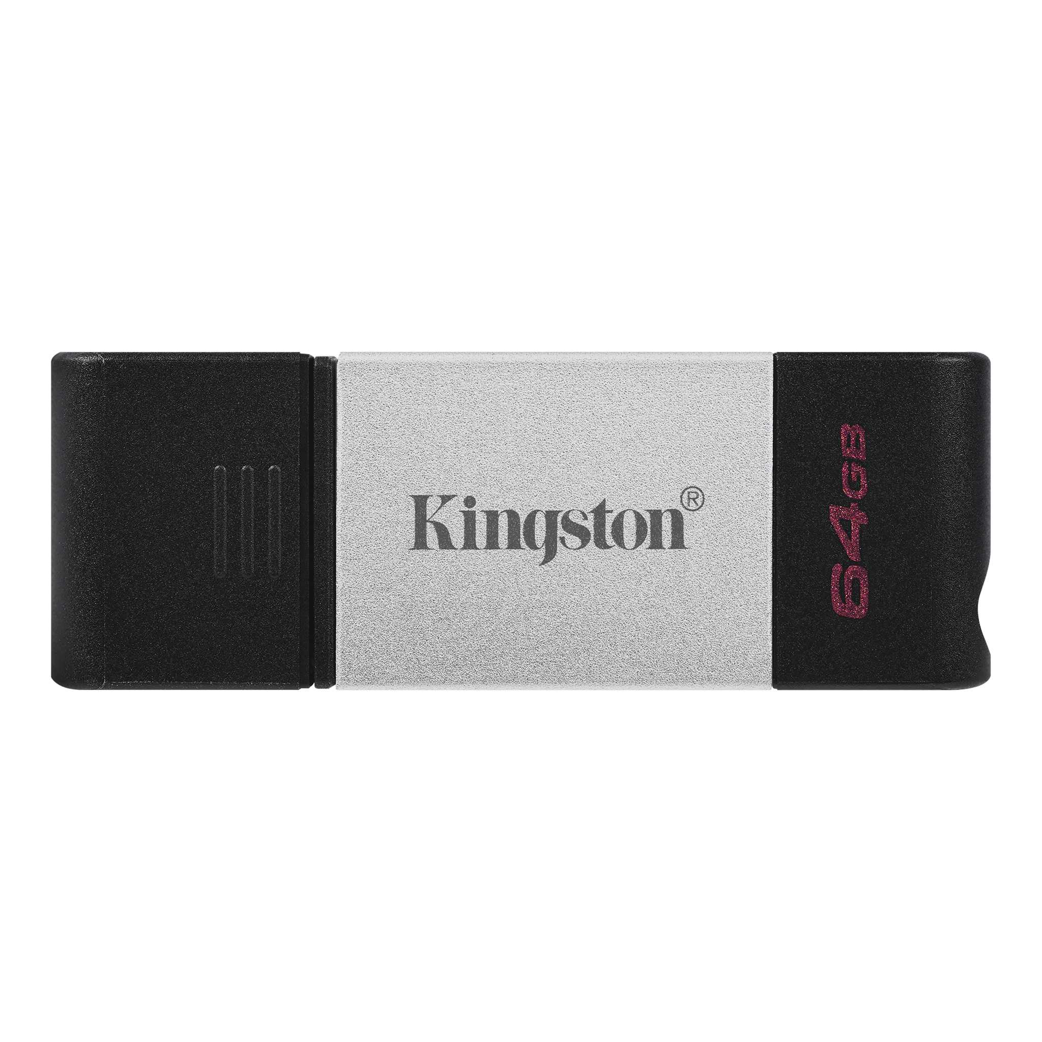 64GB USB-С3.2 Kingston DataTraveler 80, Black/Silver, USB-C, Cap design, Stylish and slim metal & plastic casing fits, Keyring Loop (Read 200 MByte/s) photo 1
