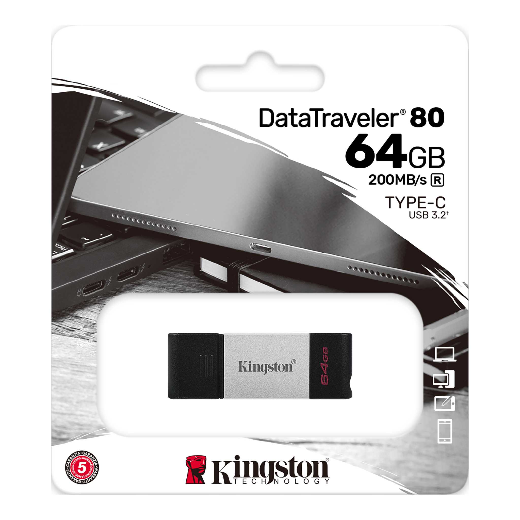 64GB USB-С3.2 Kingston DataTraveler 80, Black/Silver, USB-C, Cap design, Stylish and slim metal & plastic casing fits, Keyring Loop (Read 200 MByte/s) photo 3