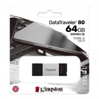 64GB USB-С3.2 Kingston DataTraveler 80, Black/Silver, USB-C, Cap design, Stylish and slim metal & plastic casing fits, Keyring Loop (Read 200 MByte/s) thumbnav 3