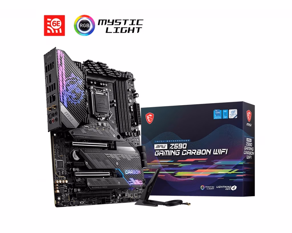 MSI MPG Z590 GAMING CARBON WIFI, Socket 1200, Intel® Z590 (11/10thGenCPU), 16+2Phases, Dual 4xDDR4-5333, CPU Intel iGPU, HDMI, DP, 3xPCIeX16 4.0, 6xSATA3, RAID, 3xM.2 4.0, 2xPCIeX1, ALC4080, SPDIF, 2.5GbE LAN, WiFi6/BT, 5xUSB3.2 Gen2 (Type-C+A), 4xUSB3.2, 