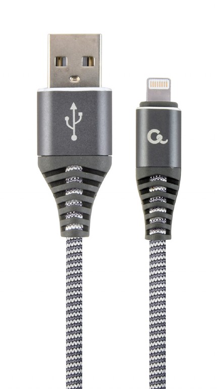Cable USB2.0/8-pin (Lightning) Premium cotton braided - 2m - Cablexpert CC-USB2B-AMLM-2M-WB2, Spacegrey/White, USB 2.0 A-plug to 8-pin, blister photo 1
