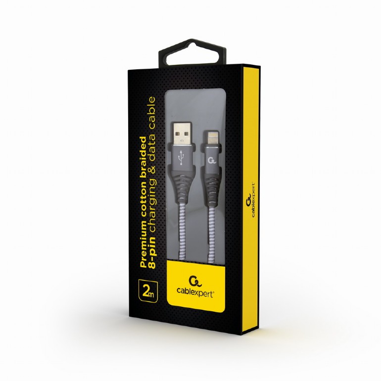 Cable USB2.0/8-pin (Lightning) Premium cotton braided - 2m - Cablexpert CC-USB2B-AMLM-2M-WB2, Spacegrey/White, USB 2.0 A-plug to 8-pin, blister photo 2
