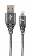 Cable USB2.0/8-pin (Lightning) Premium cotton braided - 2m - Cablexpert CC-USB2B-AMLM-2M-WB2, Spacegrey/White, USB 2.0 A-plug to 8-pin, blister thumbnav 1