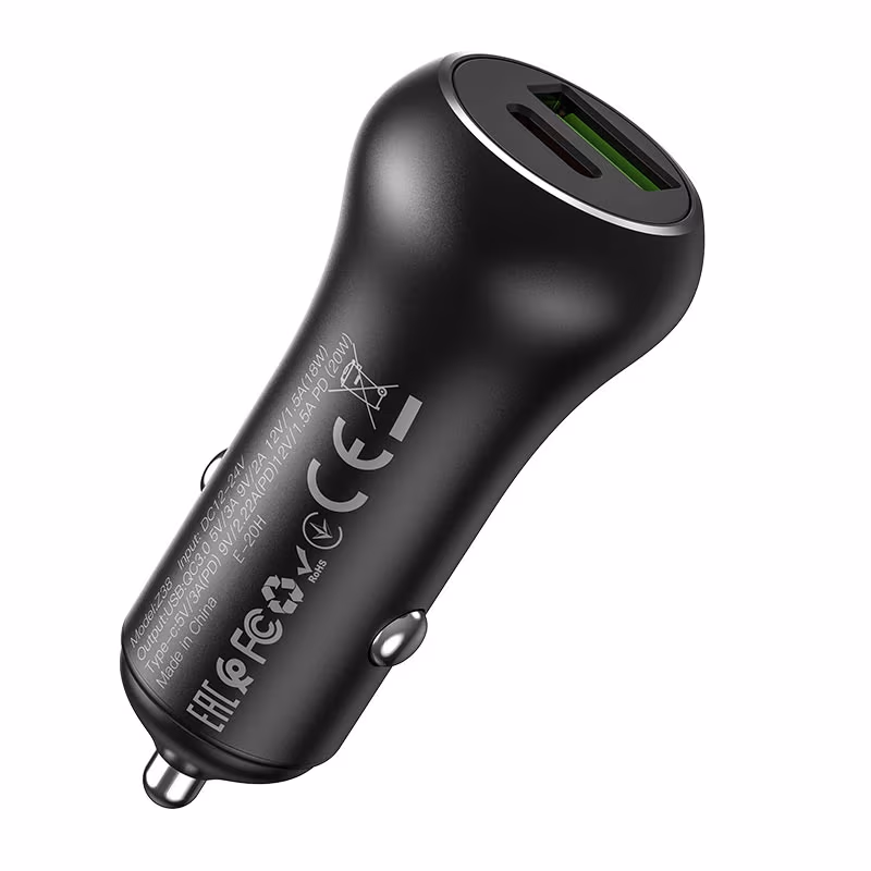 USB автомобильное зарядное устройство HOCO Z38 Resolute / 1 x USB + 1 x USB-C / Total output: 38W / up to PD3.0 / QC3.0 / Black 