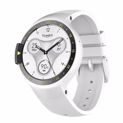 Ticwatch S by Mobvoi, Glacier White, 1.4" OLED Touch Display, Wear OS by Google, 512MB/4GB, GPS, Time,Mic/Speaker for incoming calls, Heart Rate, Steps, Alarm, Distance Display, Average Daily Steps, Weather, Notifications, IP67, 48Hrs+, BT4.1, 45.5g 