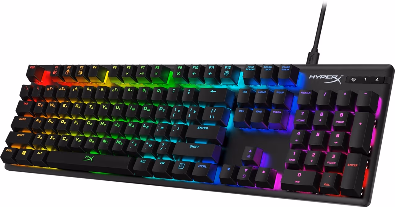 HYPERX Alloy Origins RGB Mechanical Gaming Keyboard (RU), Mechanical keys (HyperX Blue key switch) Backlight (RGB), 100% anti-ghosting, Key rollover: 6-key / N-key modes, Ultra-portable design, Solid-steel frame, Convenient USB charge port, USB 