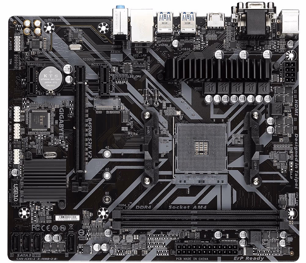 GIGABYTE B450M S2H V2, Socket AM4, AMD B450, Dual 2xDDR4-3600, APU AMD graphics, VGA, DVI, HDMI, 1xPCIe X16, 4xSATA3, RAID, 1xM.2, 2xPCIe X1, ALC887 HDA, GbE LAN, 6xUSB3.1, RGB Fusion, mATX 