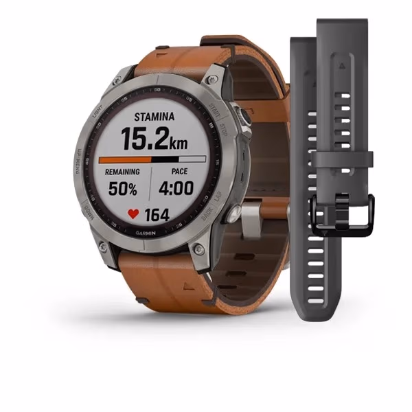Garmin Fenix 7 Sapphire Solar Titanium with Chestnut Leather Band (includes graphite silicone band) 