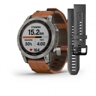 Garmin Fenix 7 Sapphire Solar Titanium with Chestnut Leather Band (includes graphite silicone band) thumbnav 1