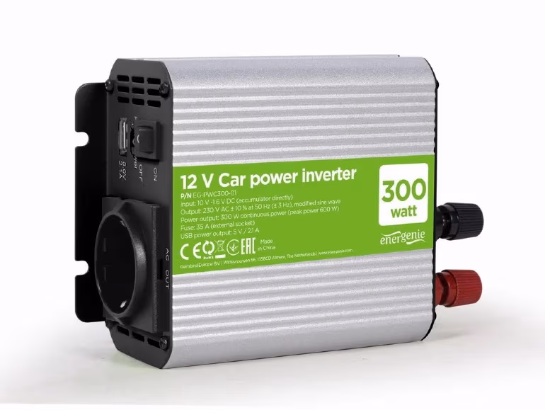 EnerGenie EG-PWC300-01, 12 V Car power inverter, 300 W, with USB port / 5V-2.1A, LED indicator, Input: 10-16 VDC (accumulator directly) - Output: 230 VAC +/- 10% at 50 Hz (+/-3Hz), modified sine wave 