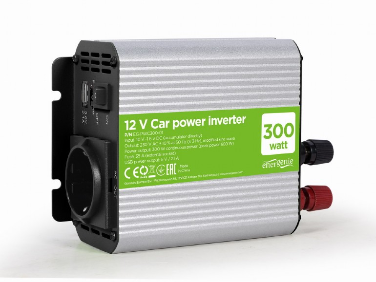 EnerGenie EG-PWC300-01, 12 V Car power inverter, 300 W, with USB port / 5V-2.1A, LED indicator, Input: 10-16 VDC (accumulator directly) - Output: 230 VAC +/- 10% at 50 Hz (+/-3Hz), modified sine wave photo 1