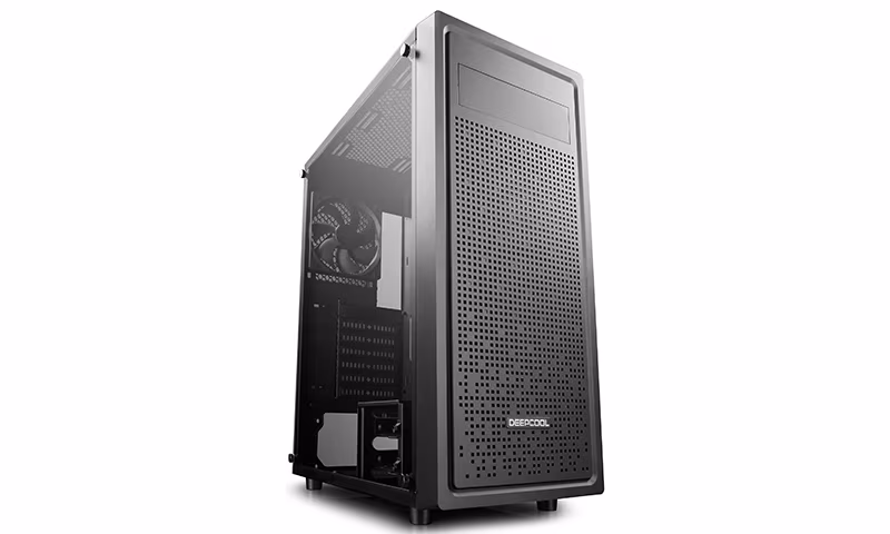 DEEPCOOL "E-SHIELD" ATX Case, with Side-Window (full sized 4mm thickness), without PSU, Pre-installed: 1x120mm Rear Fan, Square-hole Array style front panel, Magnetic dust proof net on top, Bottom mounted PSU, VGA Compatible: 370mm, 1xUSB3.0, 2xUSB2.0, 1x 