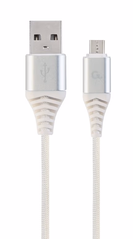 Cable USB2.0/Micro-USB Premium cotton braided - 2m - Cablexpert CC-USB2B-AMmBM-2M-BW2, Silver/White, USB 2.0 A-plug to Micro-USB plug, blister