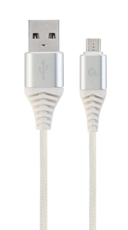Cable USB2.0/Micro-USB Premium cotton braided - 2m - Cablexpert CC-USB2B-AMmBM-2M-BW2, Silver/White, USB 2.0 A-plug to Micro-USB plug, blister photo 1