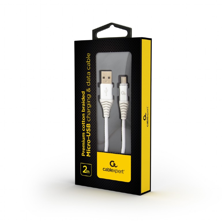 Cable USB2.0/Micro-USB Premium cotton braided - 2m - Cablexpert CC-USB2B-AMmBM-2M-BW2, Silver/White, USB 2.0 A-plug to Micro-USB plug, blister photo 2
