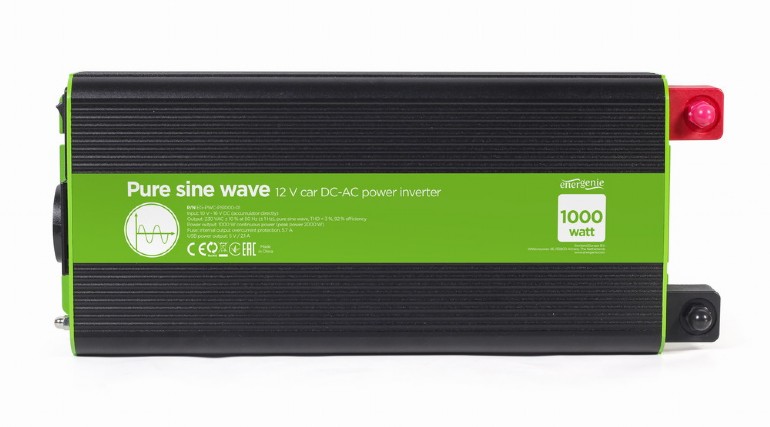 EnerGenie EG-PWC-PS1000-01, 12 V Pure sine wave car DC-AC power inverter, 1000 W, with USB port / 5V-2.1A,  Input: 10-16 VDC (accumulator directly) - Output: 230 VAC +/- 10% at 50 Hz (+/-1Hz), pure sine wave, THD < 3%, 90% efficiency photo 3