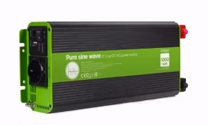 EnerGenie EG-PWC-PS1000-01, 12 V Pure sine wave car DC-AC power inverter, 1000 W, with USB port / 5V-2.1A,  Input: 10-16 VDC (accumulator directly) - Output: 230 VAC +/- 10% at 50 Hz (+/-1Hz), pure sine wave, THD < 3%, 90% efficiency