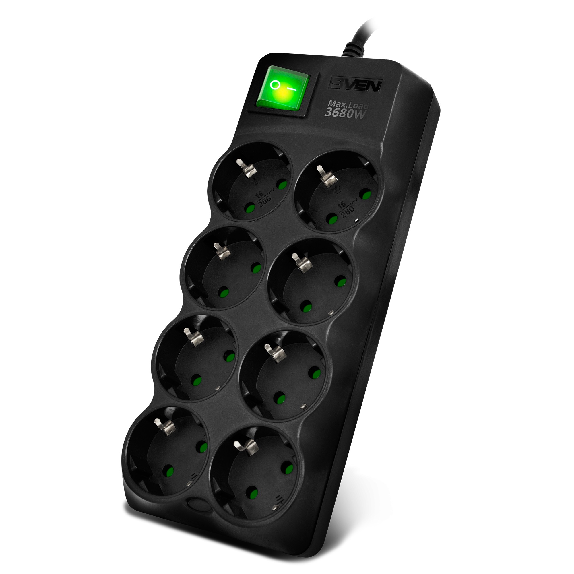 Surge Protector SVEN SF-08E-16, 8 Sockets, Children protection, 1.8m, ABS plastic, Black photo 1