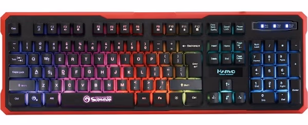 MARVO "K629G", Gaming Keyboard, 104 keys, multimedia functions, 19 anti-gosting keys, frame less design with full-height keys, Sound sensible rainbow colors light, 9 light effects, USB, EN layout, Black 