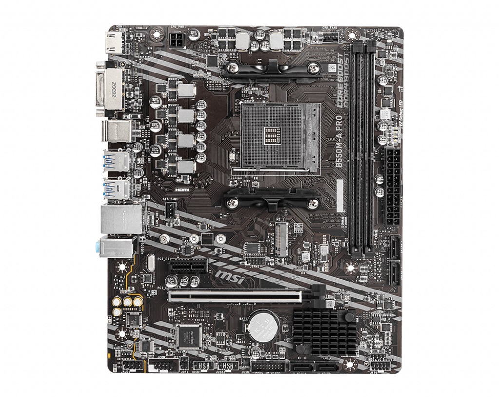MSI B550M-A PRO, Socket AM4, AMD B550, Dual 2xDDR4-4600, APU AMD graphics, DVI, HDMI, 1xPCIe4.0 X16, 4xSATA3, RAID, 1xM.2 Gen4.0 x4, 1xPCIe X1, ALC897 HDA, GbE LAN, 6xUSB3.2 Gen1, mATX photo 1