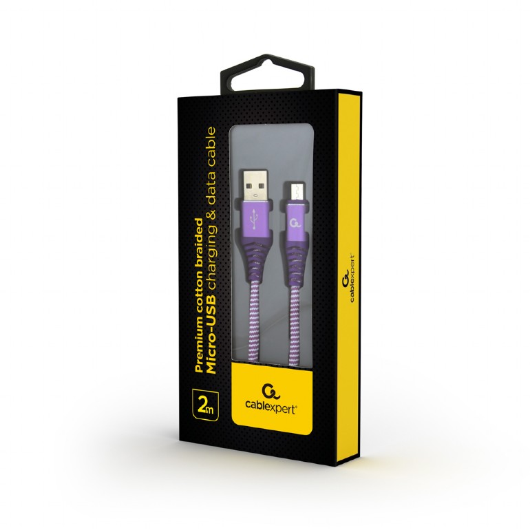 Cable USB2.0/Micro-USB Premium cotton braided - 2m - Cablexpert CC-USB2B-AMmBM-2M-PW, Purple/White, USB 2.0 A-plug to Micro-USB plug, blister photo 1