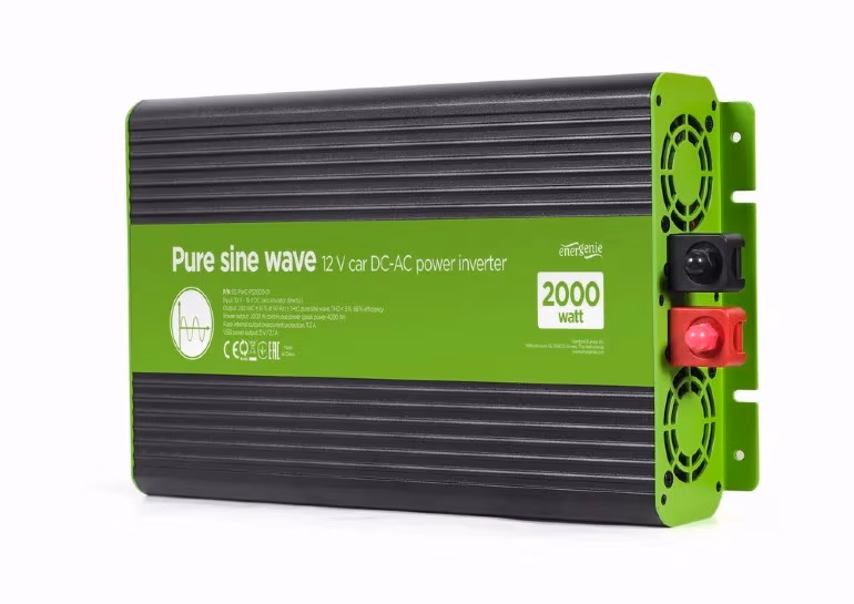 EnerGenie EG-PWC-PS2000-01, 12 V Pure sine wave car DC-AC power inverter, 2000 W, with USB port / 5V-2.1A, Input: 10-16 VDC (accumulator directly) - Output: 230 VAC +/- 10% at 50 Hz (+/-1Hz), pure sine wave, THD < 3%, 90% efficiency 