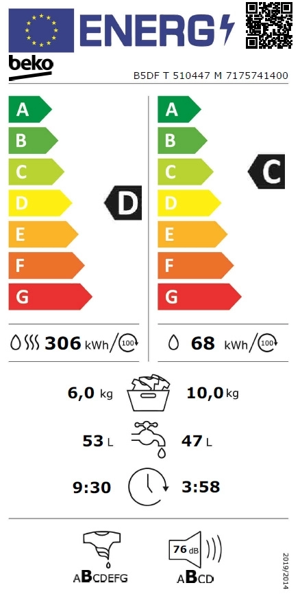 Masina de spalat/uscat Beko B5DFT510447M, 10 kg, 1400 rot/min, D, Negru