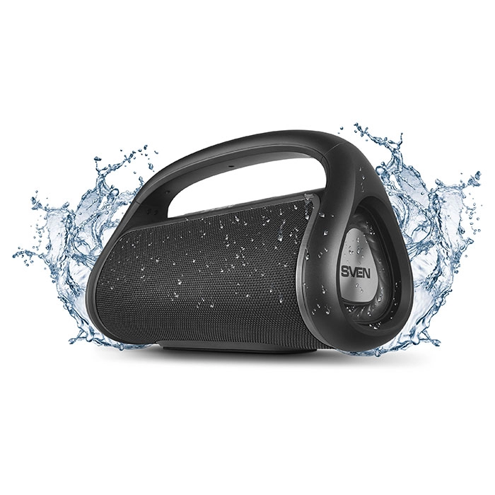 SVEN PS-350 Black, Bluetooth Waterproof Portable Speaker, 30W RMS, Water protection (IPx5) Support for iPad & smartphone, FM tuner, USB & microSD, TWS, built-in lithium battery -2x1800 mAh, ability to control the tracks, AUX stereo input