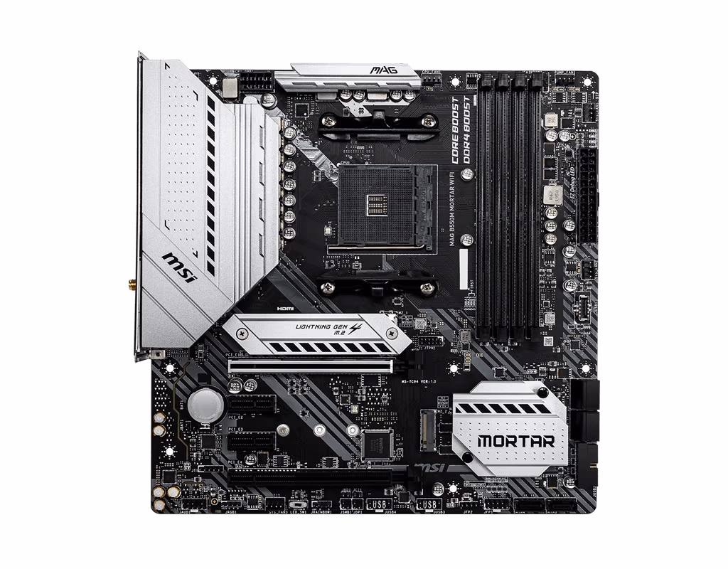 MSI MAG B550M MORTAR WIFI, Socket AM4, AMD B550, Dual 4xDDR4-4400, APU AMD graphics, HDMI, DP, 2xPCIe4.0 X16, 6xSATA3, RAID, 2xM.2 Gen4.0 x4, 2xPCIe X1, ALC1220 HDA, S/PDIF, 2.5GbE LAN, Wi-Fi6/BT5, 5xUSB3.2, 2xUSB3.2 Gen2(A+C), RGB Mystic Light, mATX 