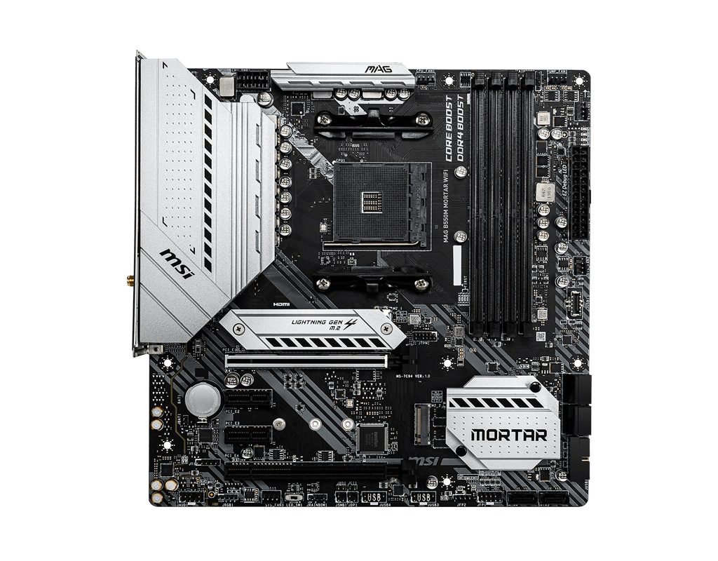 MSI MAG B550M MORTAR WIFI, Socket AM4, AMD B550, Dual 4xDDR4-4400, APU AMD graphics, HDMI, DP, 2xPCIe4.0 X16, 6xSATA3, RAID, 2xM.2 Gen4.0 x4, 2xPCIe X1, ALC1220 HDA, S/PDIF, 2.5GbE LAN, Wi-Fi6/BT5, 5xUSB3.2, 2xUSB3.2 Gen2(A+C), RGB Mystic Light, mATX photo 1