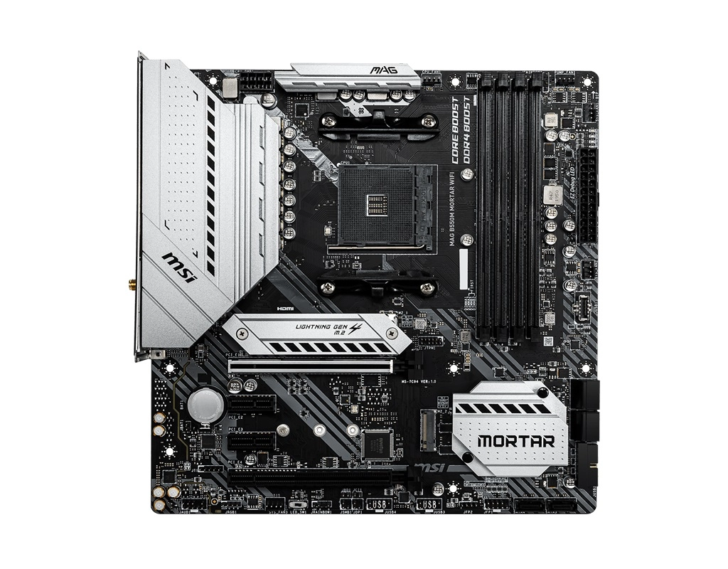 MSI MAG B550M MORTAR WIFI, Socket AM4, AMD B550, Dual 4xDDR4-4400, APU AMD graphics, HDMI, DP, 2xPCIe4.0 X16, 6xSATA3, RAID, 2xM.2 Gen4.0 x4, 2xPCIe X1, ALC1220 HDA, S/PDIF, 2.5GbE LAN, Wi-Fi6/BT5, 5xUSB3.2, 2xUSB3.2 Gen2(A+C), RGB Mystic Light, mATX