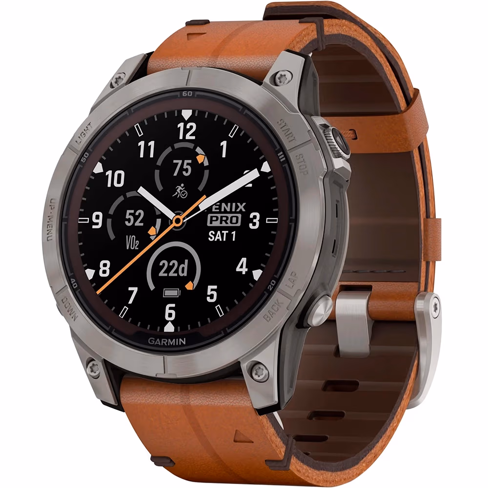 Garmin Fenix 7 Pro - Sapphire Solar, Titanium with Chestnut Leather Band 