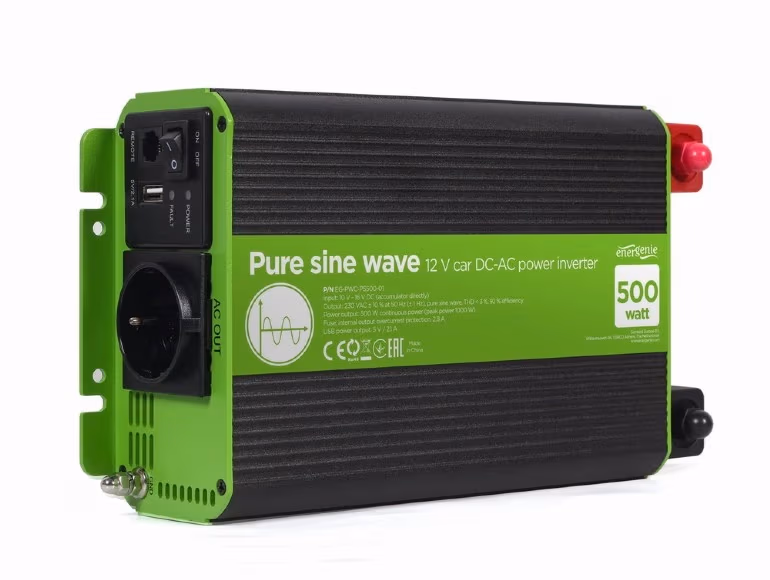 EnerGenie EG-PWC-PS500-01, 12 V Pure sine wave car DC-AC power inverter, 500 W, with USB port / 5V-2.1A, Input: 10-16 VDC (accumulator directly) - Output: 230 VAC +/- 10% at 50 Hz (+/-1Hz), pure sine wave, THD < 3%, 90% efficiency 