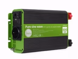 EnerGenie EG-PWC-PS500-01, 12 V Pure sine wave car DC-AC power inverter, 500 W, with USB port / 5V-2.1A, Input: 10-16 VDC (accumulator directly) - Output: 230 VAC +/- 10% at 50 Hz (+/-1Hz), pure sine wave, THD < 3%, 90% efficiency
